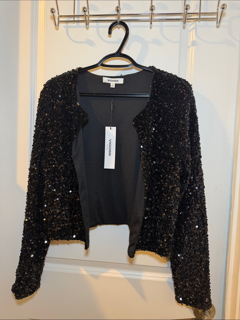 Vigoss Black Sequin Cropped Open Front Jacket